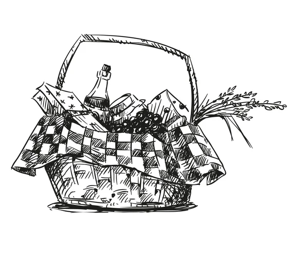 Picknickkorb mit Imbiss. Handgezeichnet. — Stockvektor