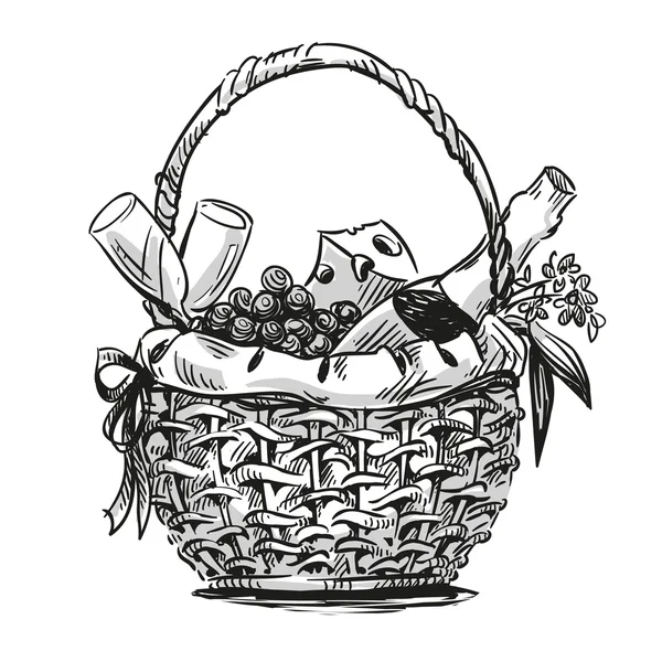 Panier de pique-nique avec collation. Dessiné à la main . — Image vectorielle