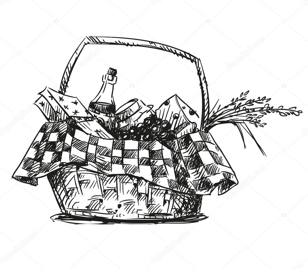 Picnic basket with snack. Hand drawn.