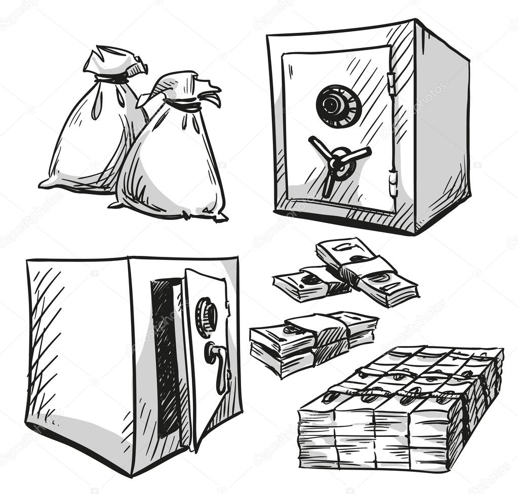 Set of safes drawings. Money. Cash. Vector illustration