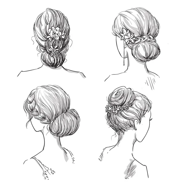 Set of hairstyles. Bridal hairdo. Hand drawn. — Stock Vector