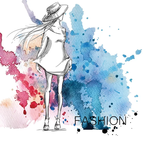 Fashion sketch. Girl on a watercolor background. — Stock Vector