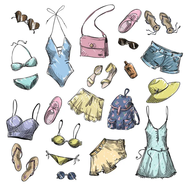 Moda de verão. coleção de roupas de verão e acessórios — Vetor de Stock