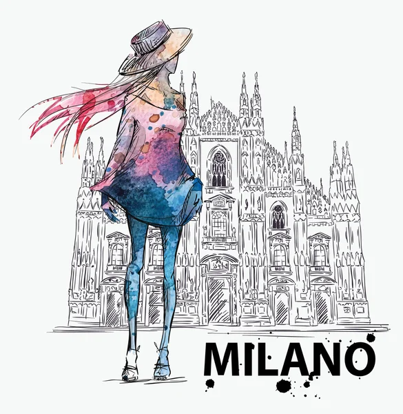 Uno sketch di moda. Ragazza su sfondo Milano Duomo — Vettoriale Stock