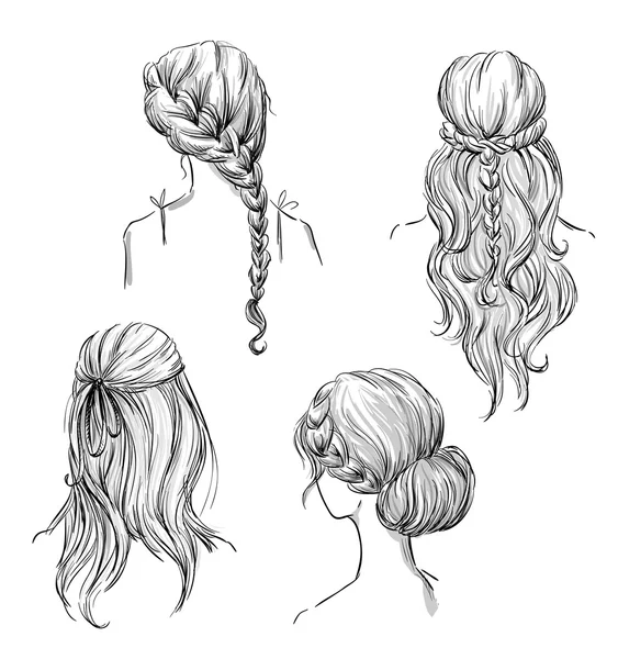 Set of different hairstyles. Hand drawn. Black and white. — Stock Vector