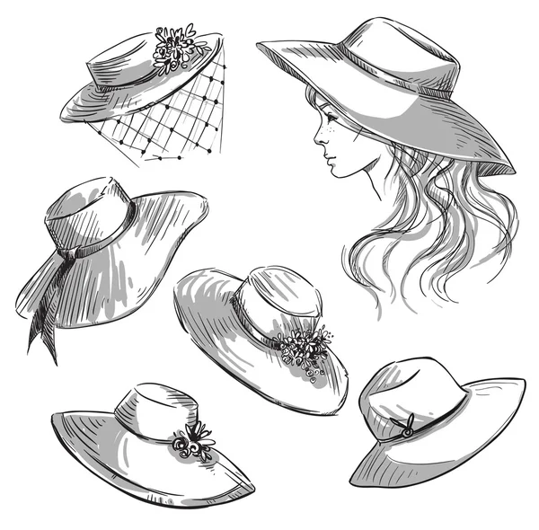 Conjunto de sombreros. Una chica con sombrero. Ilustración moda . — Vector de stock