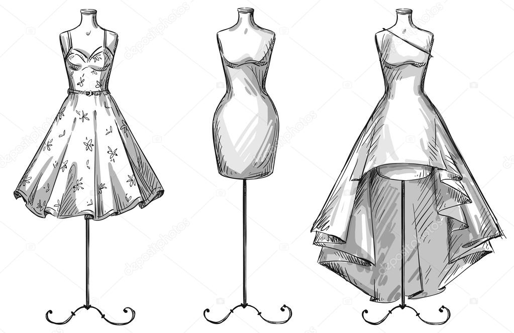 Set of mannequins. Dummies with dresses. Fashion illustration.
