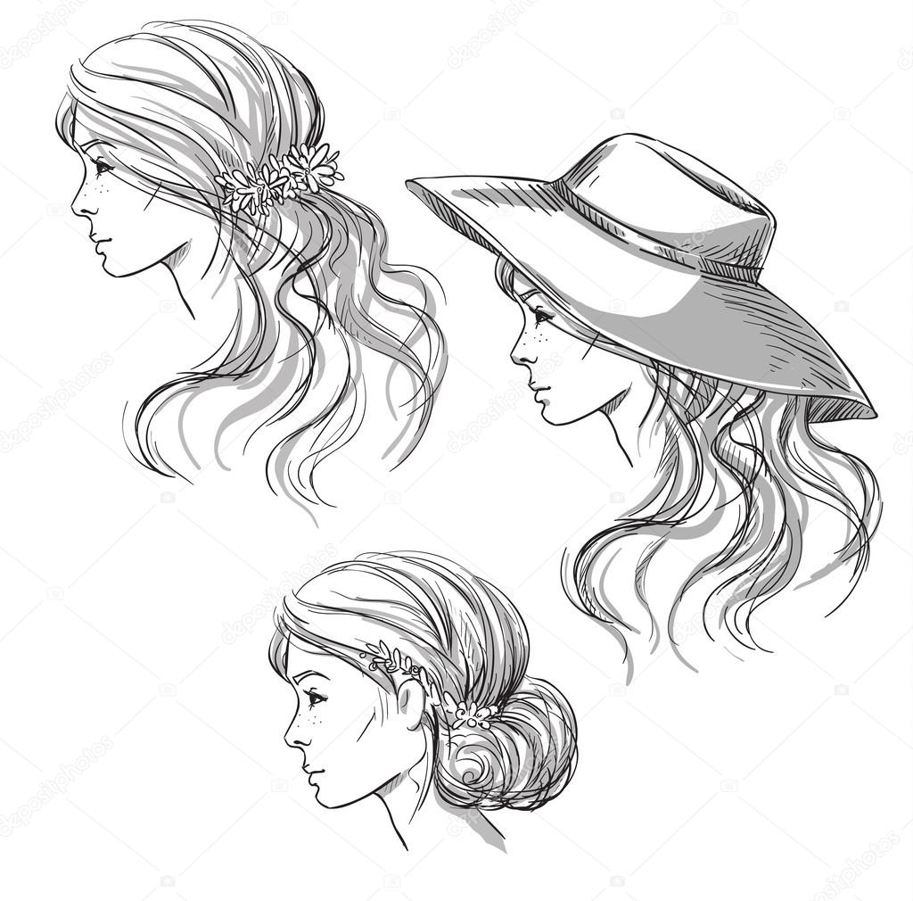 Girl with different hairstyles. Profile view. girl in a hat. Hand drawn. Stock Vector Image by ©kamenuka #67848187 Girl with different hairstyles. Profile view. girl in a hat. Hand drawn. Stock Vector Image by ©kamenuka #67848187