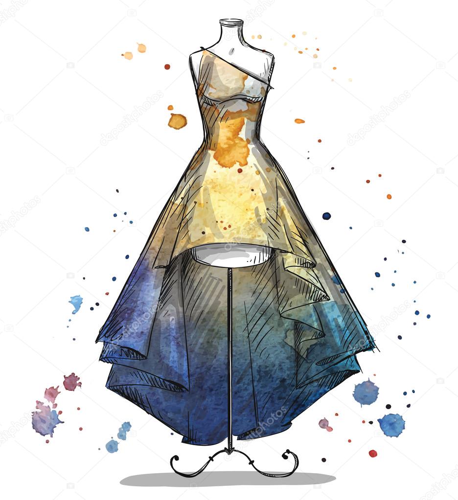 Mannequin with a long dress. Fashion illustration.