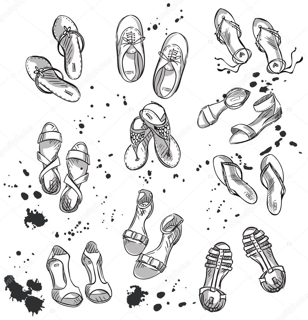 Set of summer footwear. Fashion illustration