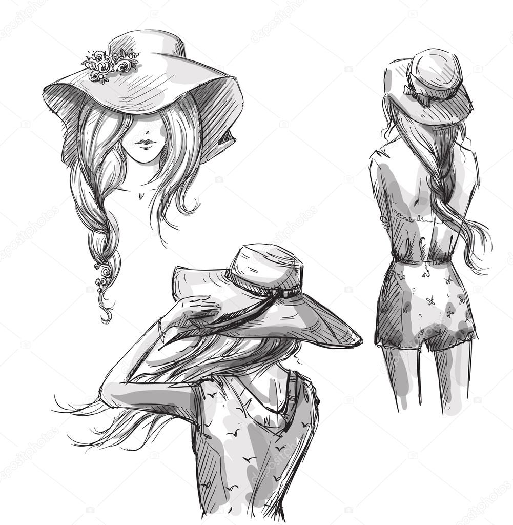 Fashion illustration. Hand drawn. Girls in hats