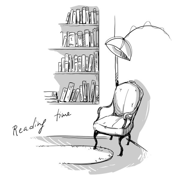 Reading time. A quiet cozy corner at home, bookshelves and a chair
