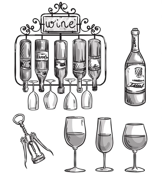 Eiserner gegossener Weinhalter, Flaschen und Gläser — Stockvektor