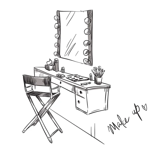 Make up. Vanity table and folding chair illustration. — Stock Vector