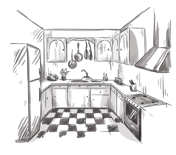 Keuken interieur tekening, vectorillustratie — Stockvector