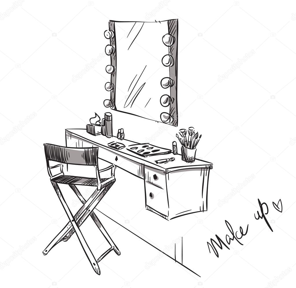 Make up. Vanity table and folding chair illustration.