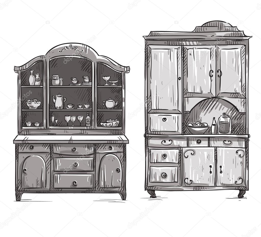 Kitchen cupboards, hand drawn