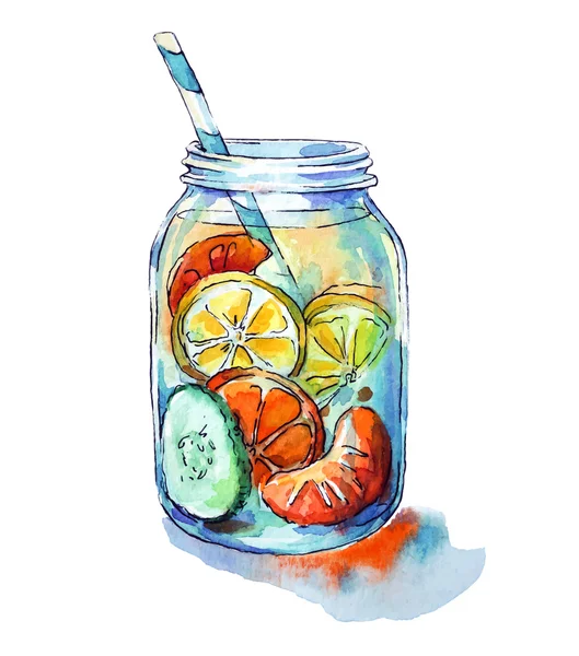 Fruit drink. Mason jar. Watercolor. Hand painted. — Stock Vector