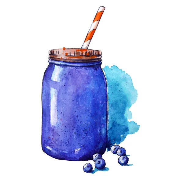 Blueberry smoothie. Mason jar. Watercolor. Hand painted. — Stock Vector