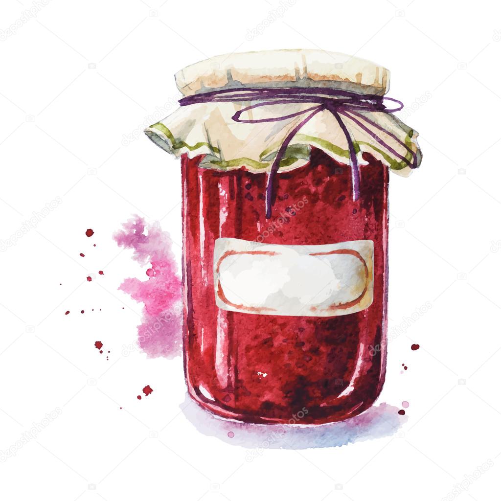 Fruit jam with a sticker. Mason jar. Watercolor. Hand painted.