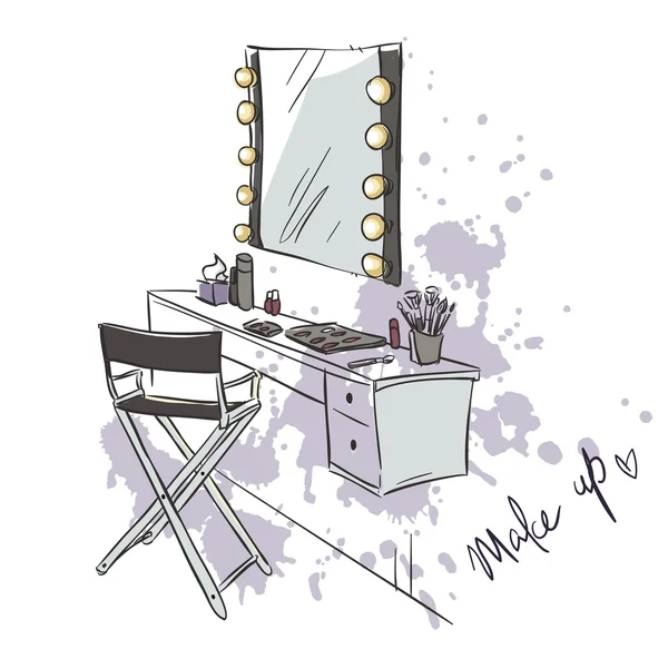 Maquillaje. Mesa de tocador y silla plegable ilustración . — Vector de stock