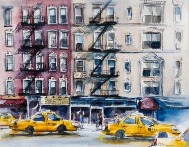 New York street meşgul. Suluboya kroki.