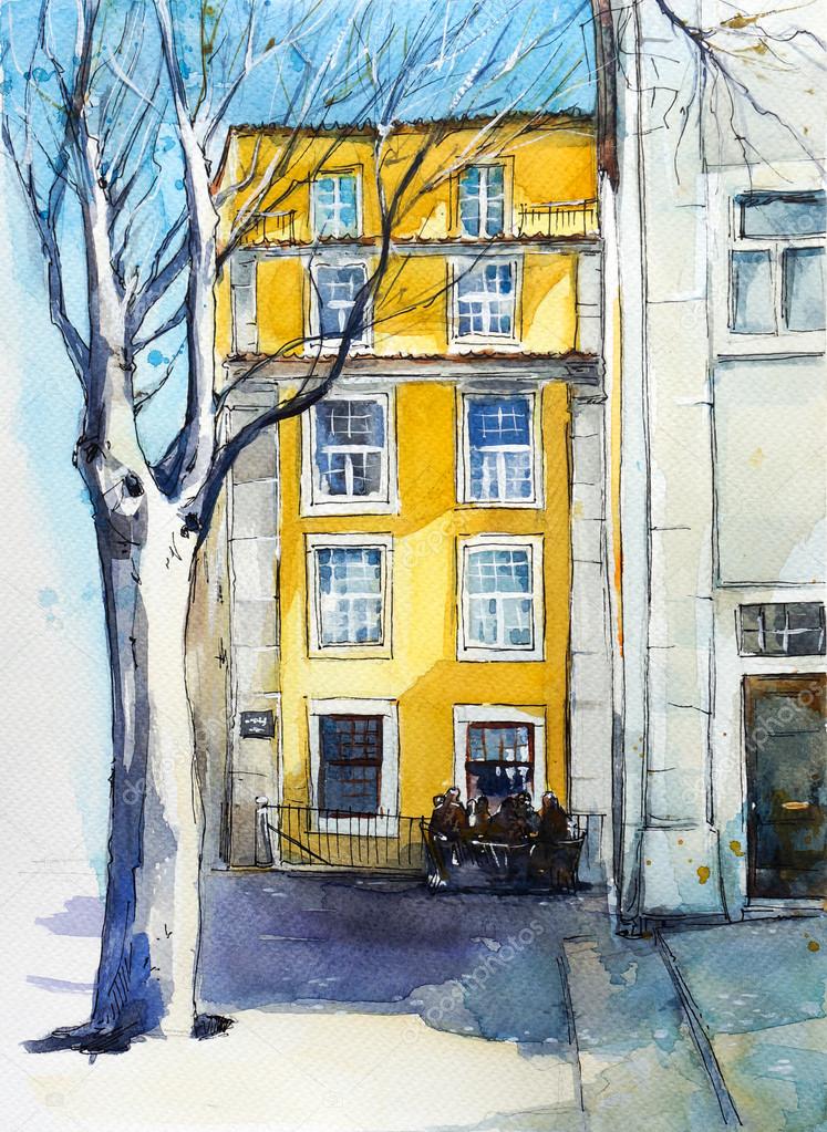Quiet Lisbon street. Watercolor sketch.