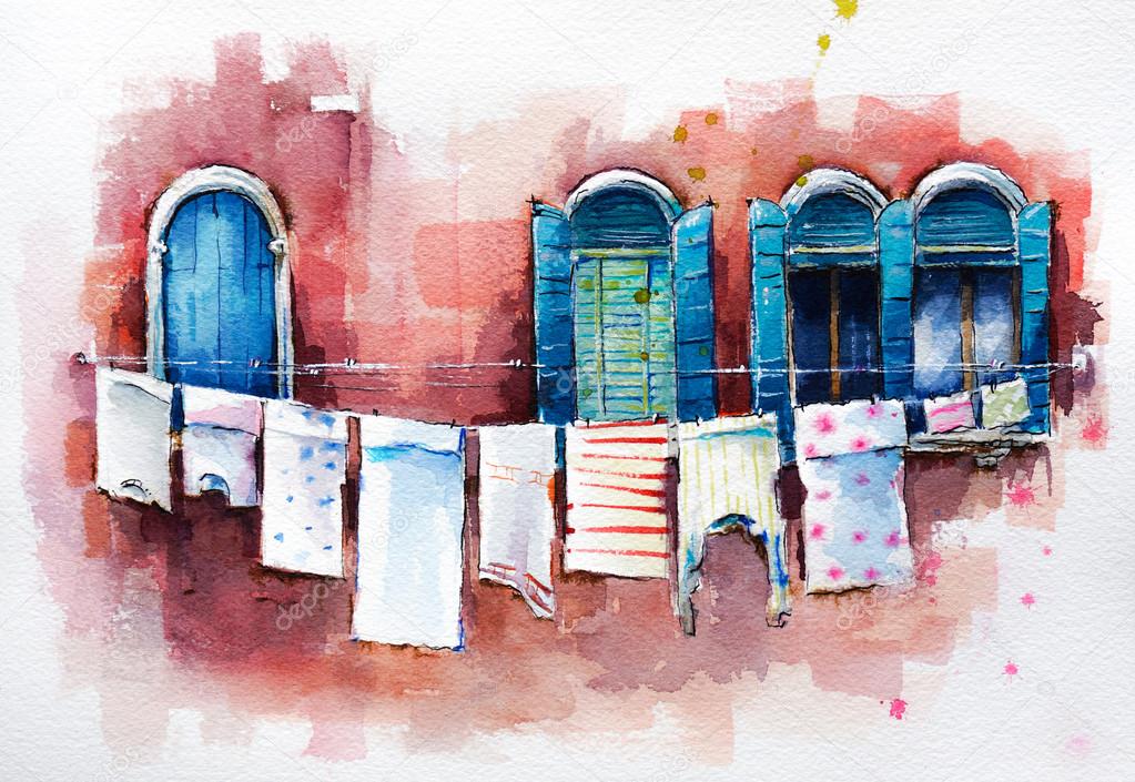 Venetian windows.  Watercolor painting.