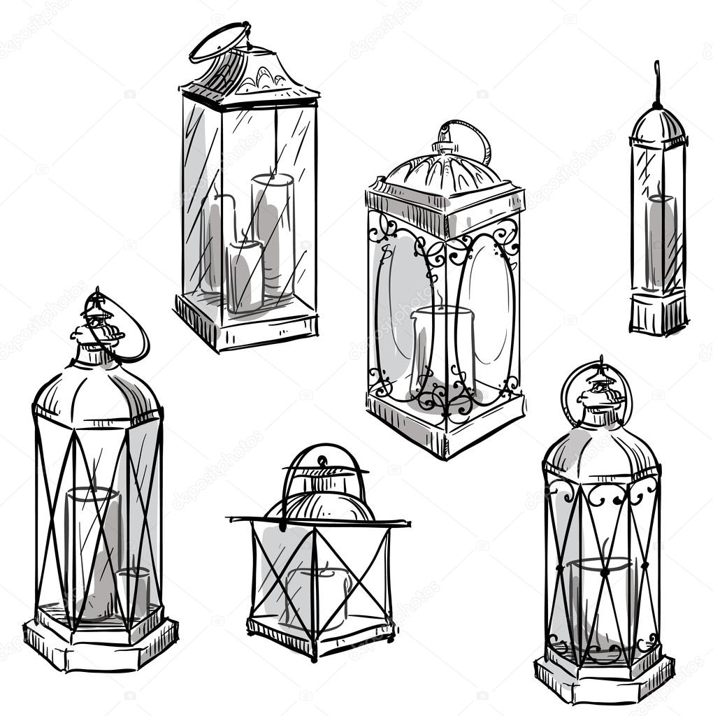 set of hand drawn lanterns. Vector sketch.