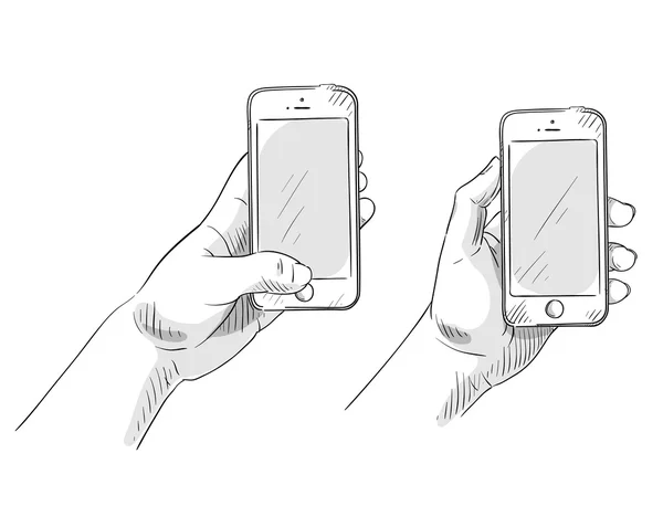 Mão segurando telefone, mão desenhada — Vetor de Stock