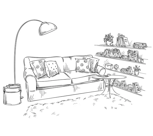 Hand getrokken interieur element. Comfortabele sofa, lamp en boekenplanken — Stockvector