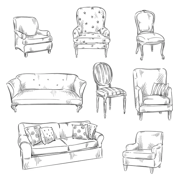 Aantal hand getrokken stoelen en sofa's, vectorillustratie — Stockvector