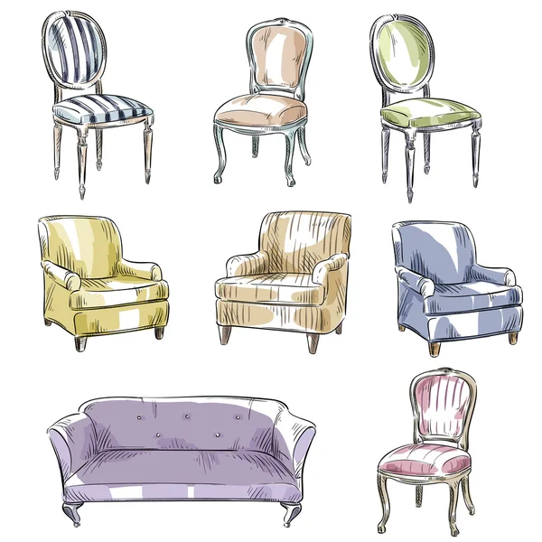 Conjunto de cadeiras desenhadas à mão e sofás, ilustração vetorial —  Vetores de Stock