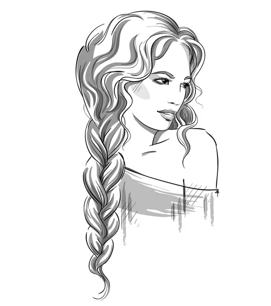 Skizze eines schönen Mädchens mit Zopf. Schwarz-Weiß. Mode — Stockvektor