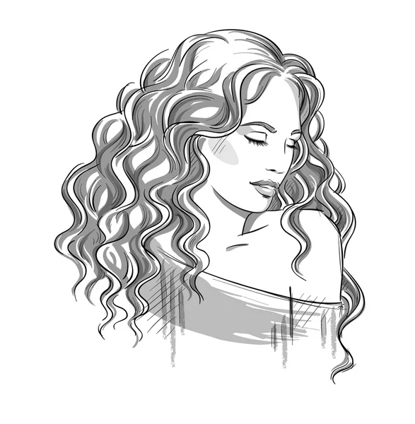 Sketch of a beautiful girl with curly hair. Black and white. Fas — Stock Vector