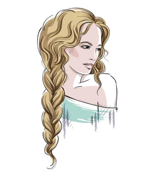 Boceto de una hermosa chica con trenza. Ilustración moda — Vector de stock