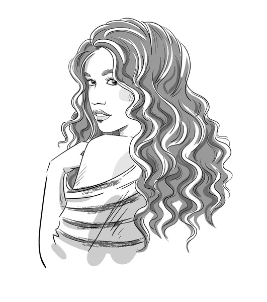 Sketch of a beautiful girl with curly hair. Black and white. Fas — Stock Vector