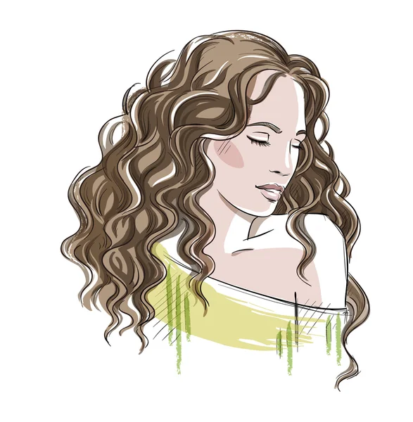 Esboço de uma menina bonita com cabelo encaracolado. Ilustração da moda — Vetor de Stock