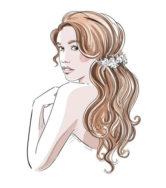 Croquis d'une belle fille avec coiffure nuptiale. Mode illust — Image vectorielle