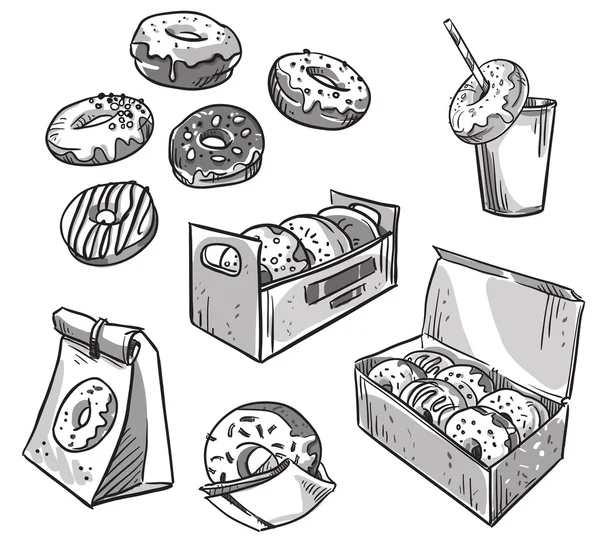 Selectie van donuts. afhaalmaaltijden verpakking. Fastfood. — Stockvector