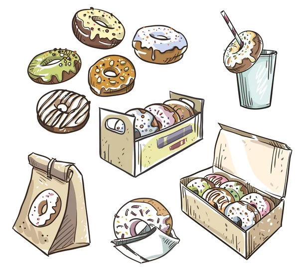 Auswahl an Donuts. Verpackungen zum Mitnehmen. Fast Food. — Stockvektor