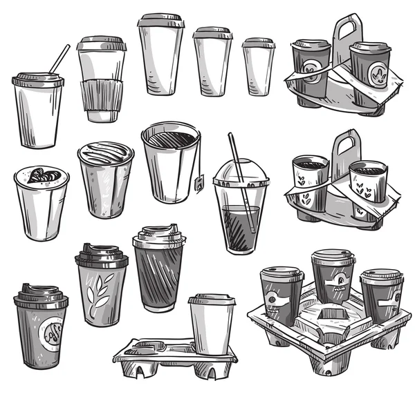 Selection of coffee takeaway cups and carrier trays. Packaging. — Stock Vector