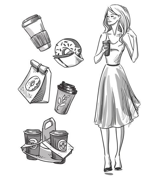 Uma rapariga a comer qualquer coisa. Donuts e café. Tire. . — Vetor de Stock
