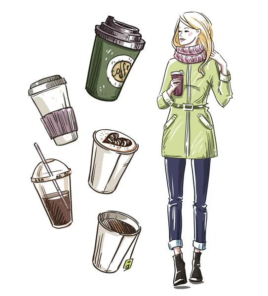 Girl having a snack. Take away coffee Stock Illustration