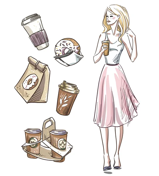 Girl having a snack. Donuts and coffee. Take away. Royalty Free Stock Illustrations