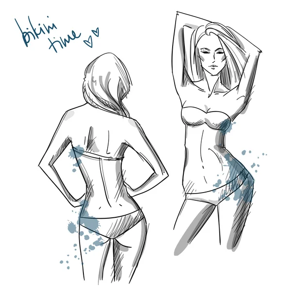 Drawing of beautiful girls wearing bikini, fashion illustration — Stock Vector