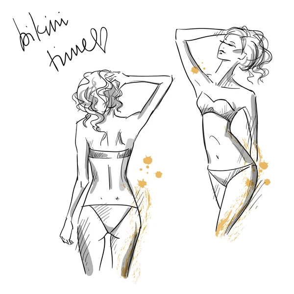 Dibujo de hermosas chicas con bikini, ilustración de moda — Vector de stock