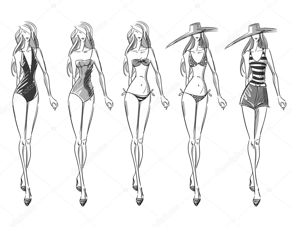 bikini catwalk, fashion illustration 