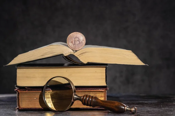Bitcoin bir yığın kitap üzerinde. Kripto Para Birimi Bilgi Kavramı