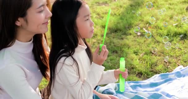 Молода Сім Сидить Парку Має Пікнік Мати Дочкою Дме Бульбашки — стокове відео